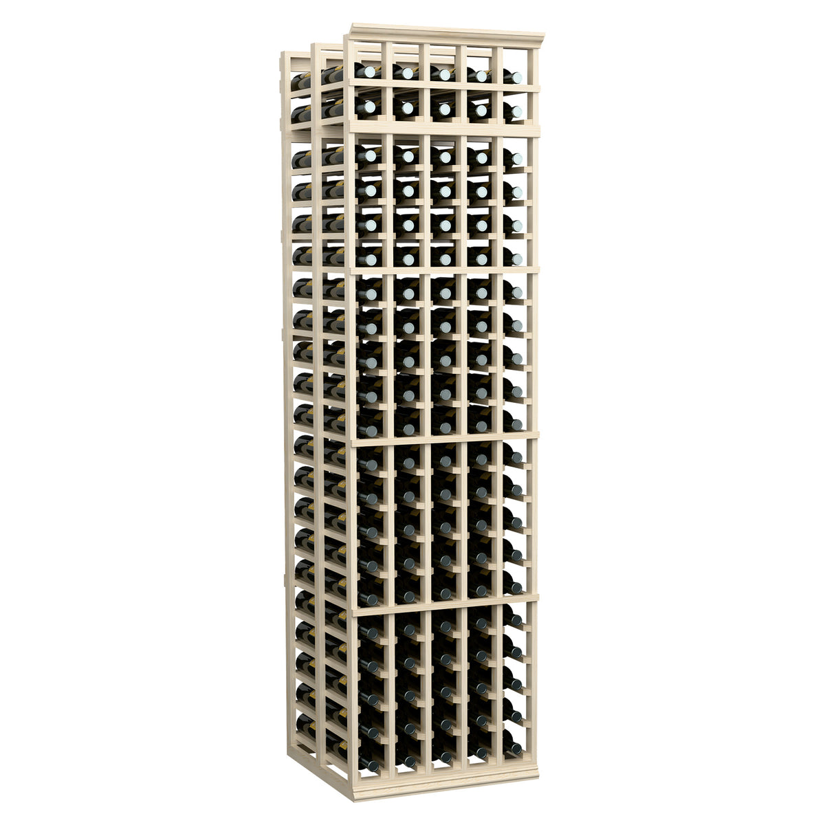 5-column double-deep wine rack with rows of bottle holders and light wood frame.