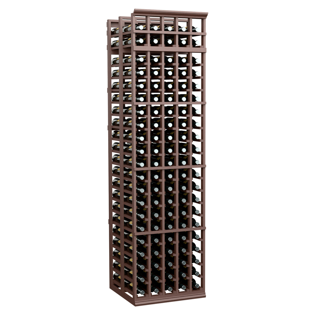 Tall 5-column double-deep wine rack in dark wood with many bottle slot openings.