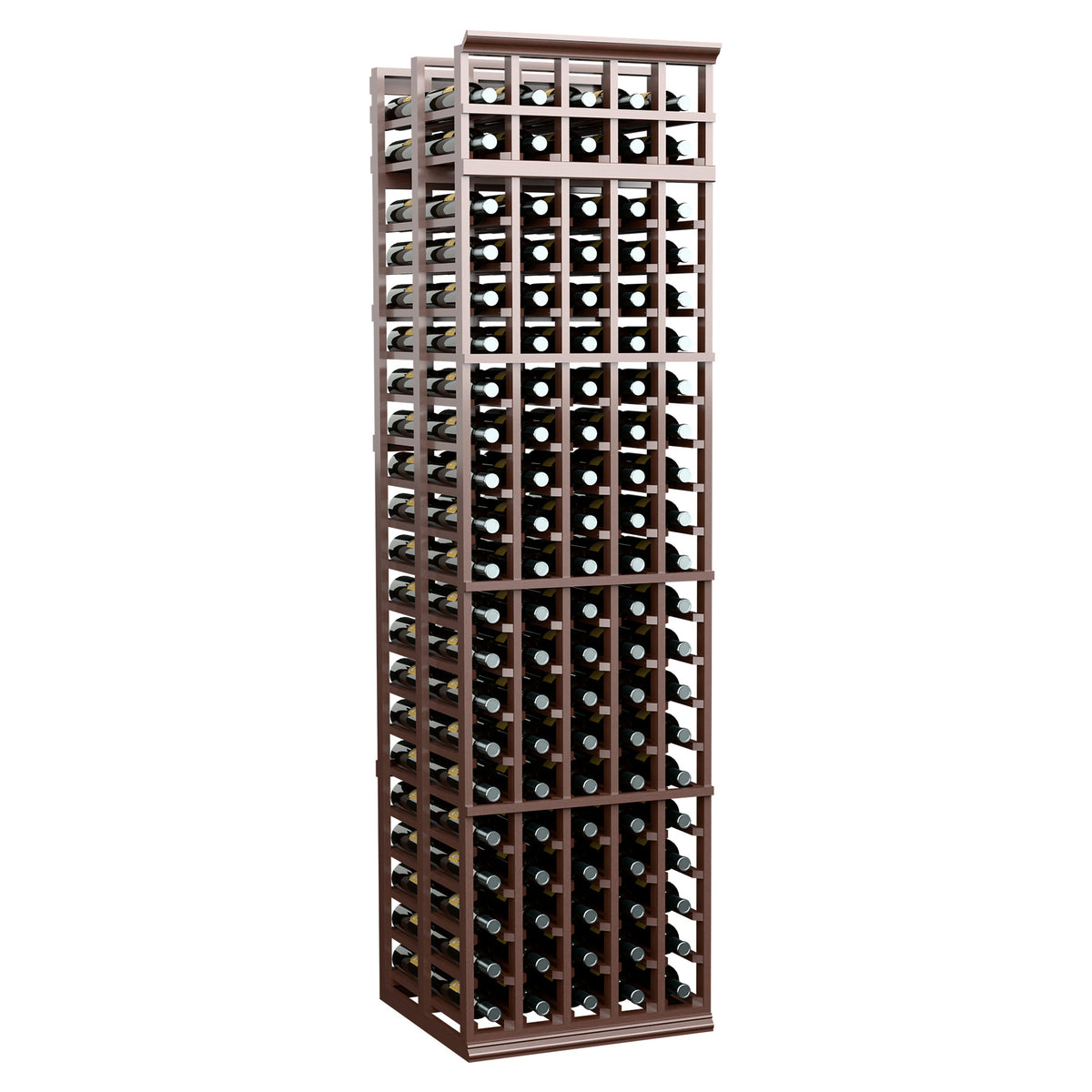 Dark wood 5-column double-deep wine rack with multiple rows of bottle holders.