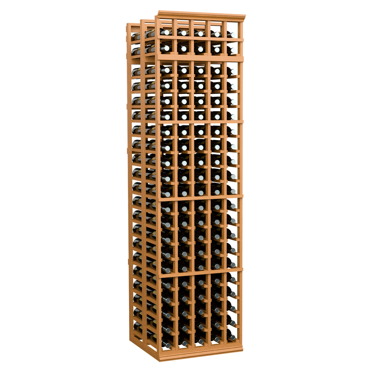 Tall 5-column double-deep wine rack in light wood with many bottle slot openings.