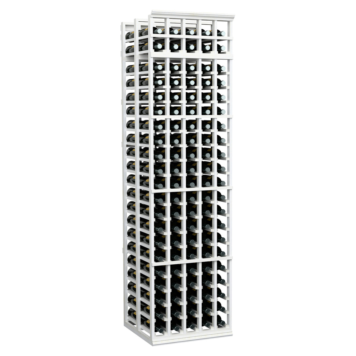 White 5-column double-deep wine rack with many bottle slots and wooden frame.
