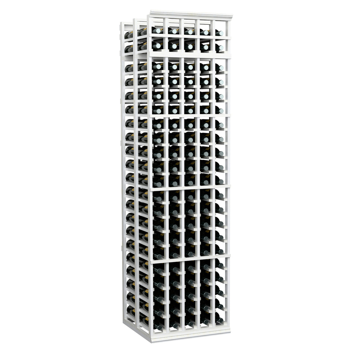 White tall wine bottle rack, 5-column double-deep design, with multiple bottle holders.