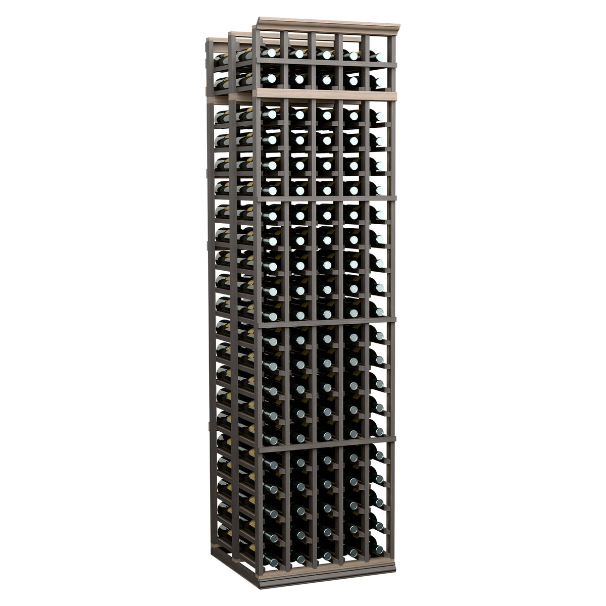 Tall 5-column double-deep wine rack with dark frame and rows of capped bottles