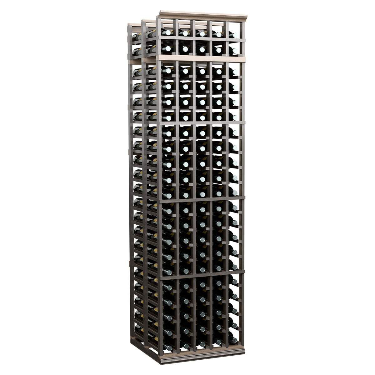 Tall wine rack cabinet with dark slats and multiple rows of capped bottles