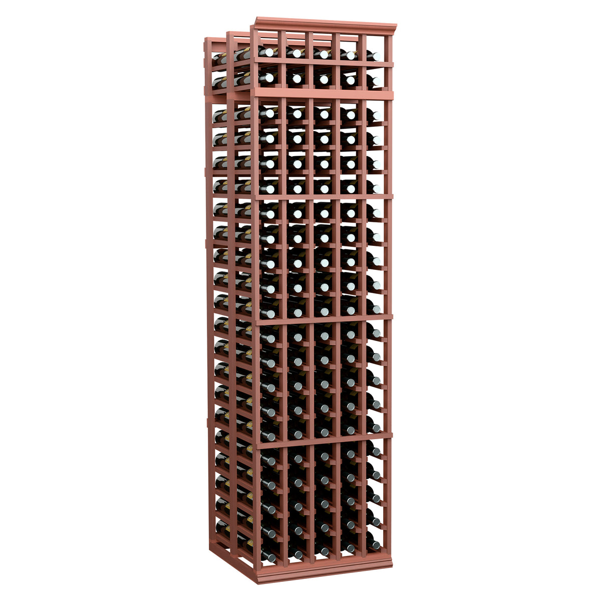 Tall wine rack with reddish wood frame and multiple rows of capped bottles