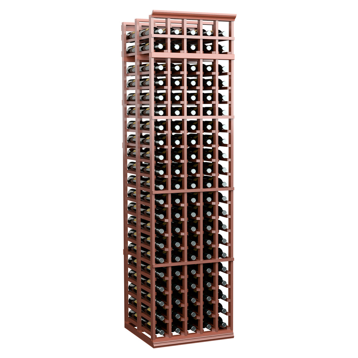 Tall double-deep wine rack with reddish slats and rows of capped bottles