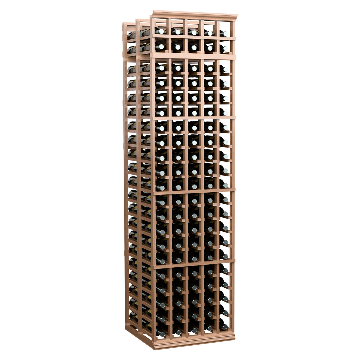 Tall double-deep wine rack with pale wood slats and rows of capped bottles