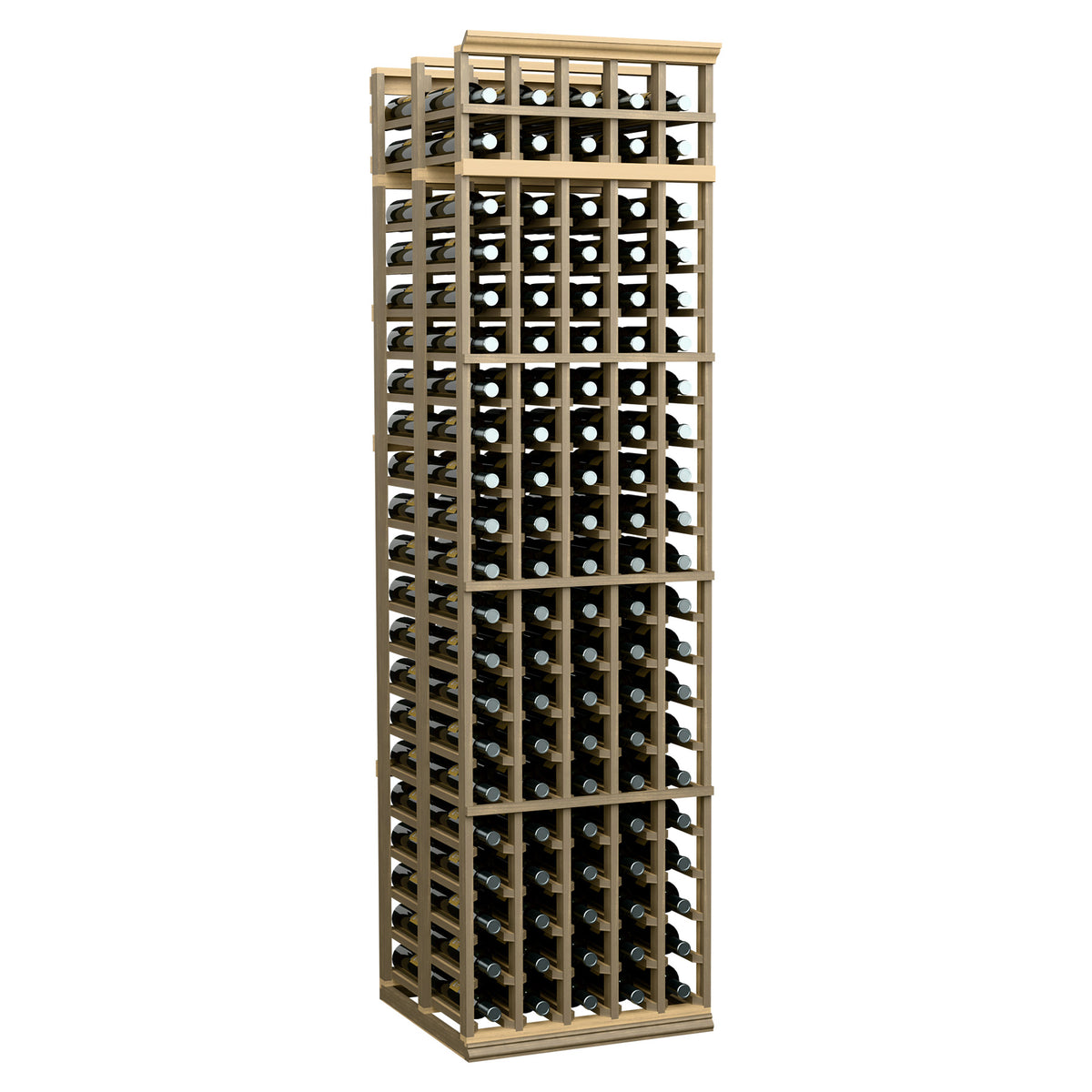 Tall wine rack cabinet with light wood frame and rows of capped bottles