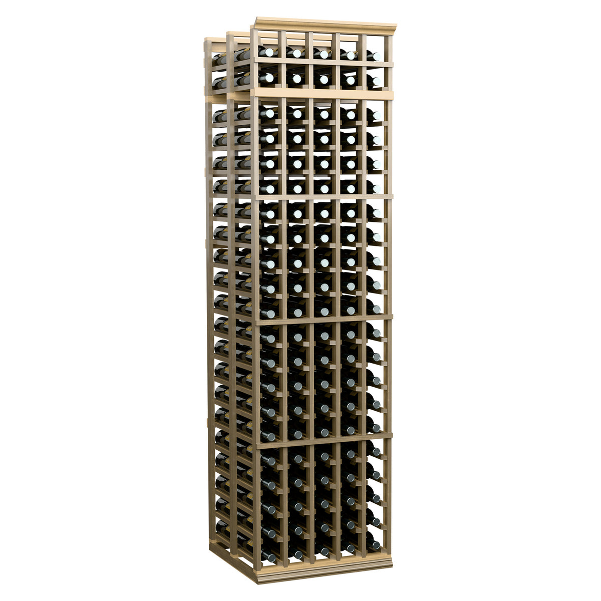 Tall wine rack with light wood slats and multiple rows of capped bottles