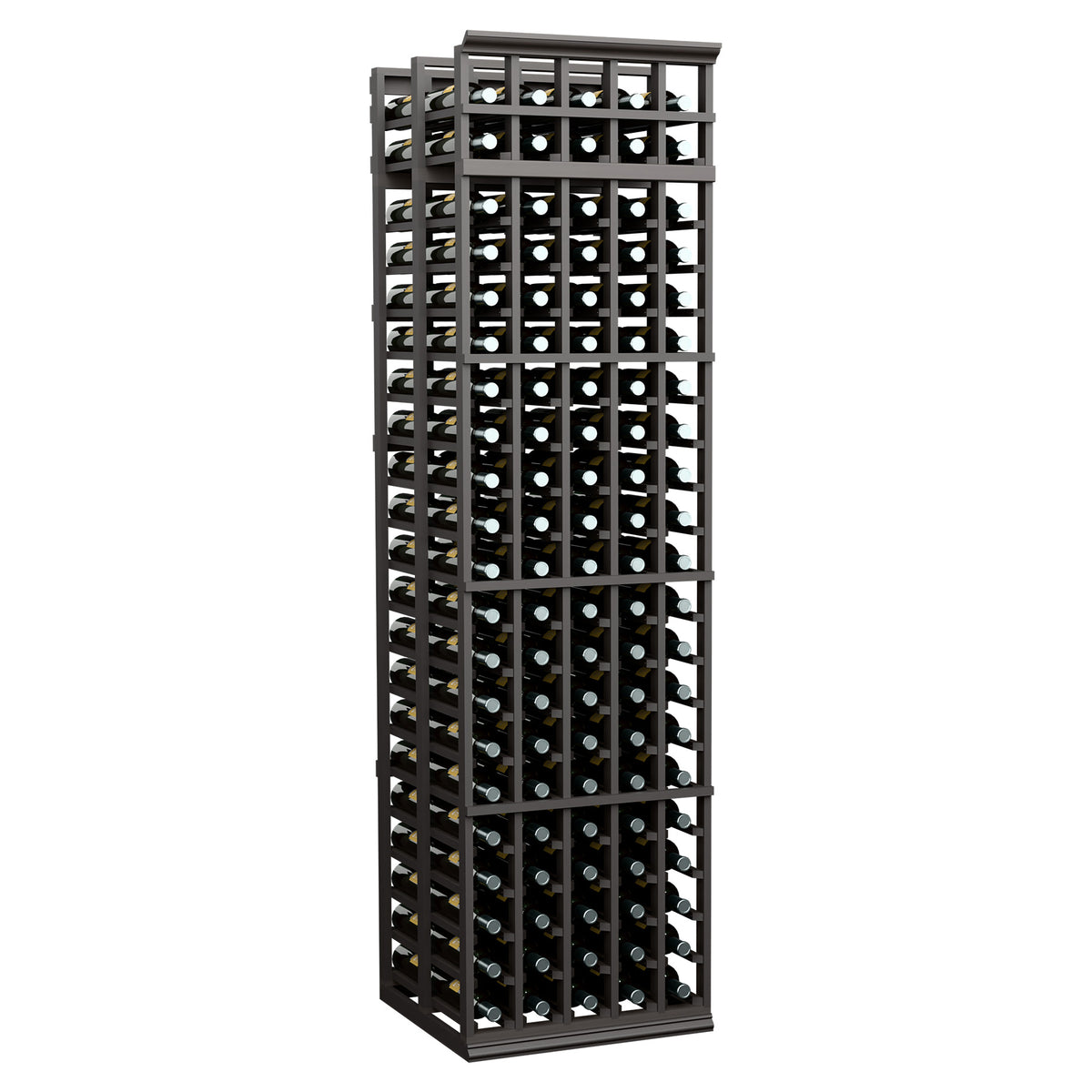 Tall 5-column double-deep wine rack with black frame and rows of capped bottles