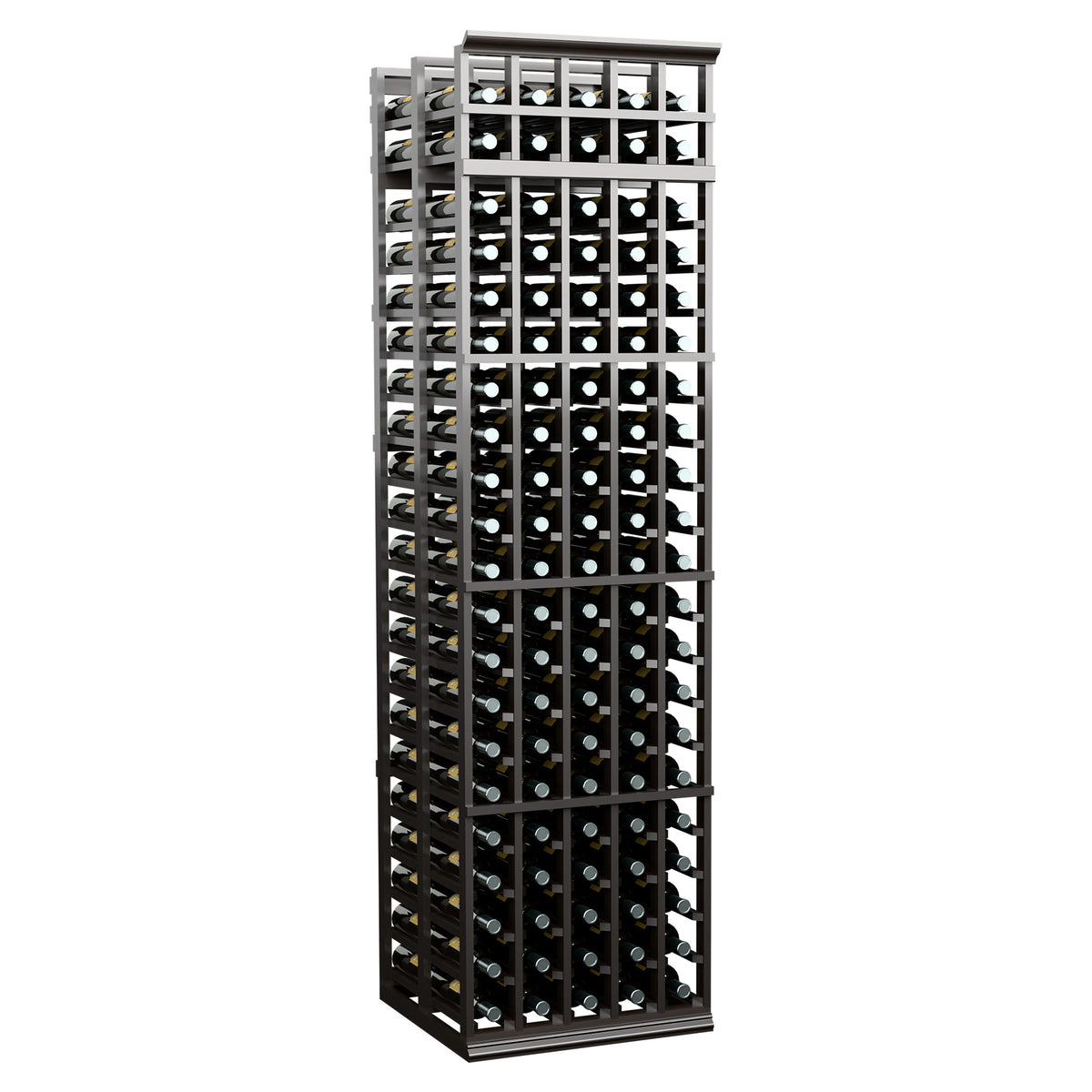 Tall wine rack with dark wood frame and multiple rows of capped bottles
