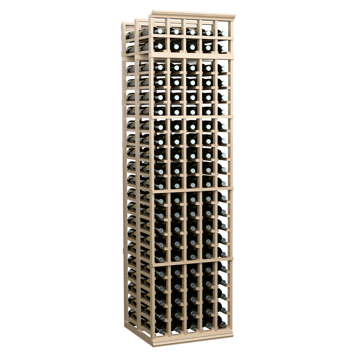 Wood wine bottle rack with multiple slots, light natural finish, front view with bottles displayed