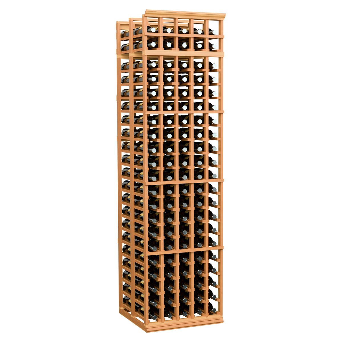 Wood wine bottle rack with multiple bottle slots, warm reddish finish, front view