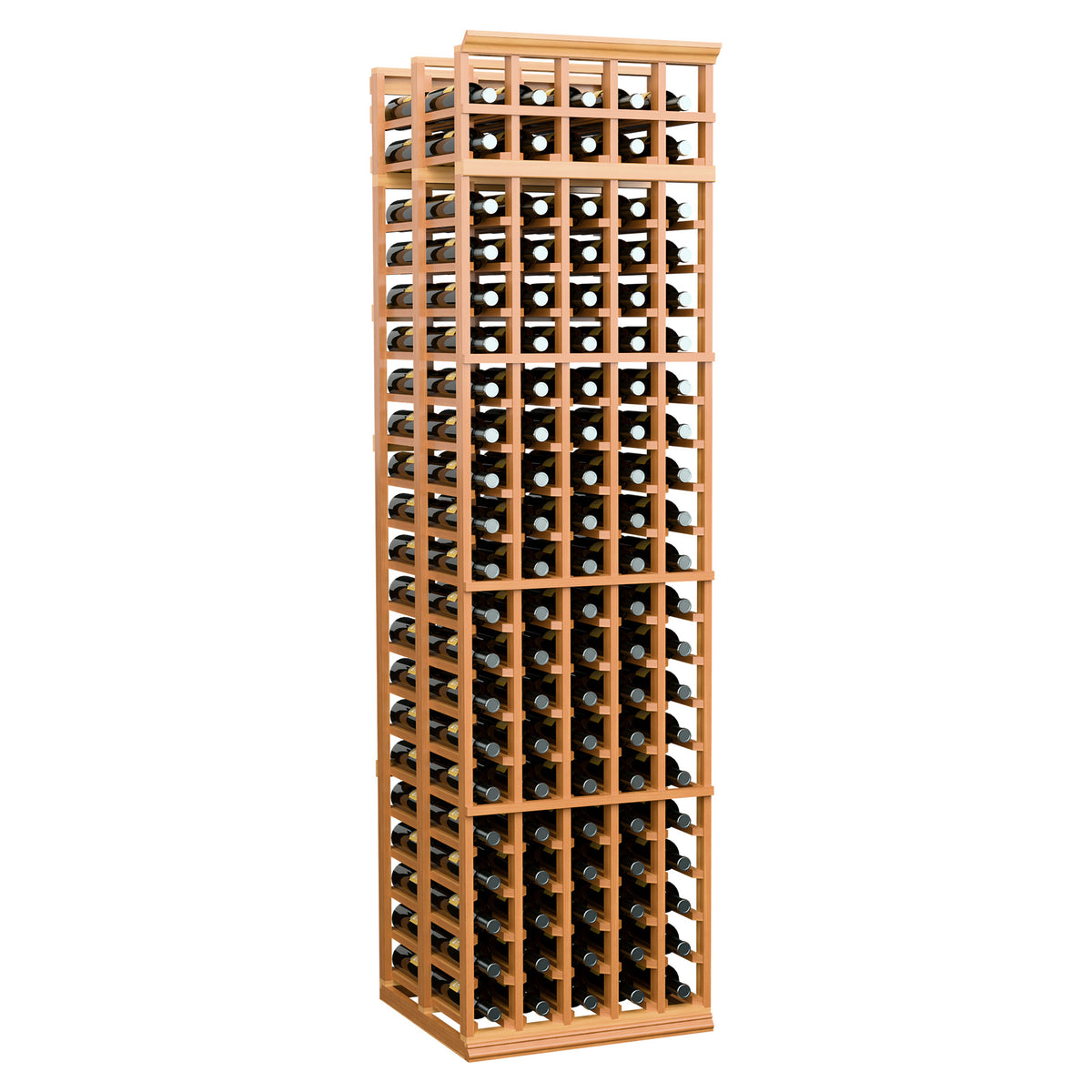 Wood wine bottle rack with multiple bottle slots, warm natural wood finish, front view