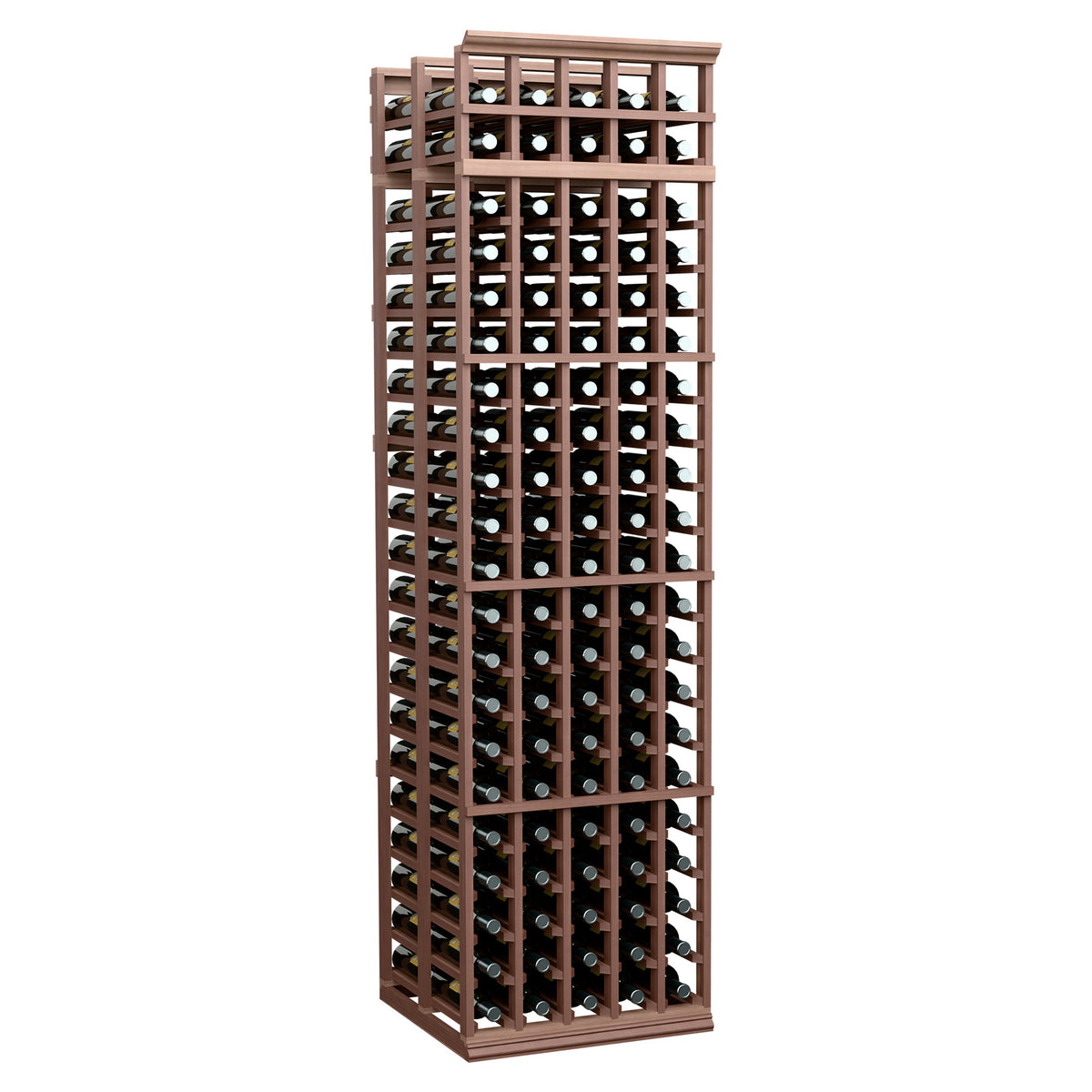 Wood wine bottle rack with multiple bottle slots, deep brown finish, front view