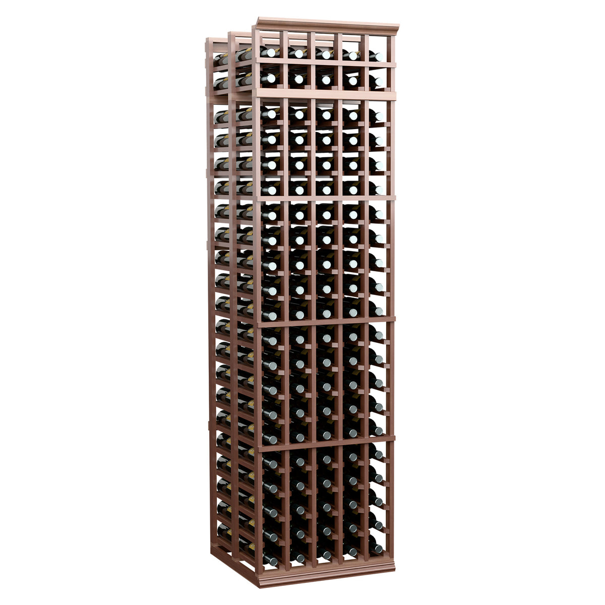 Wood wine bottle rack with multiple bottle slots, dark brown finish, front view