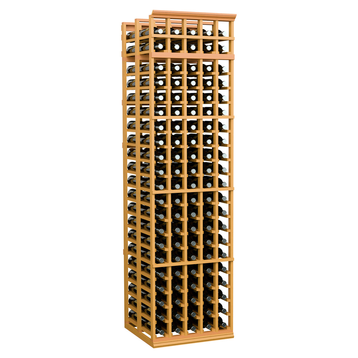 Wood wine bottle rack with multiple bottle slots, golden light finish, front view