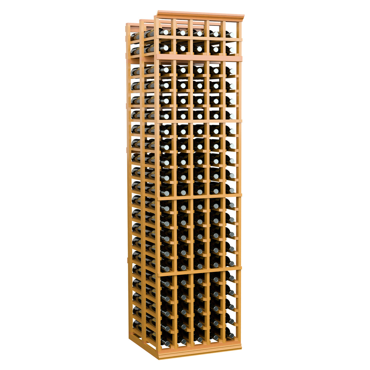 Wood wine bottle rack with multiple bottle slots, bright light finish, front view