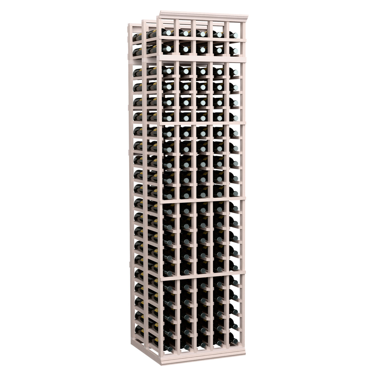 Wood wine bottle rack with multiple bottle slots, light grey finish, front view