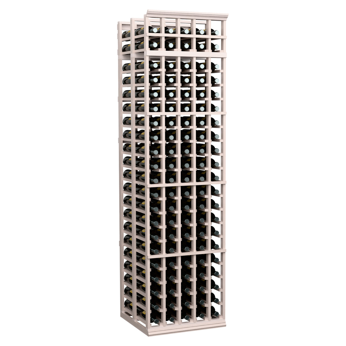 Wood wine bottle rack with multiple bottle slots, pale light finish, front view