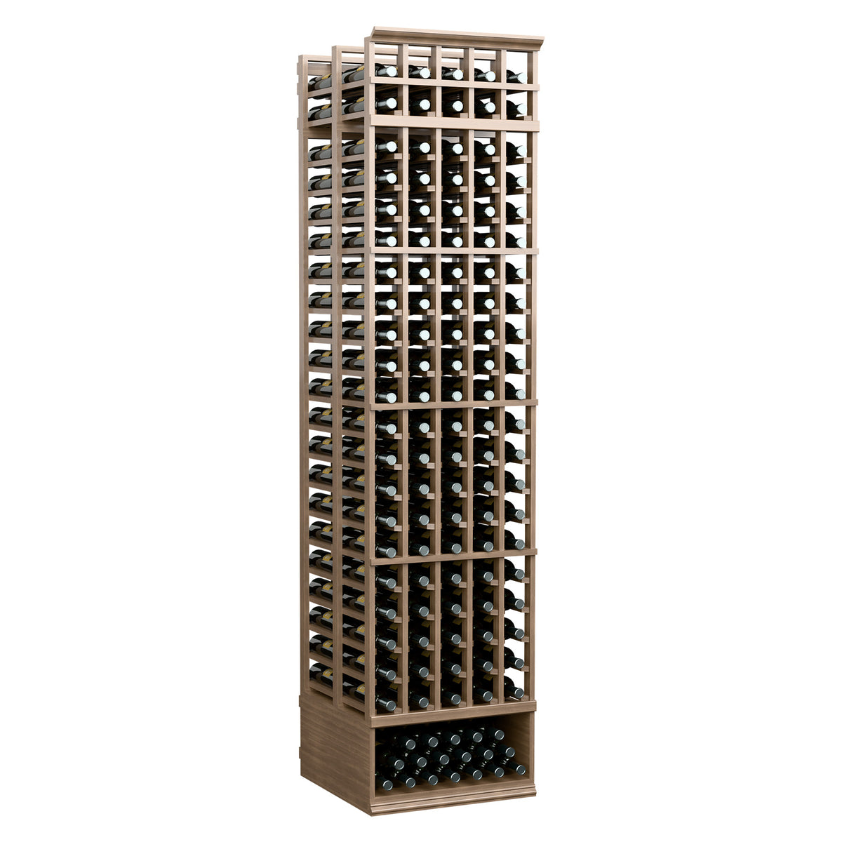 8 ft 5-column double-deep wine bottle rack with light tan frame and front bottle slots