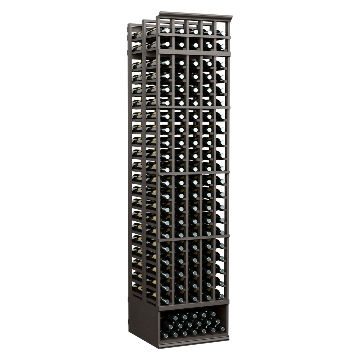 8 ft 5-column double-deep wine bottle rack with dark frame and front bottle slots