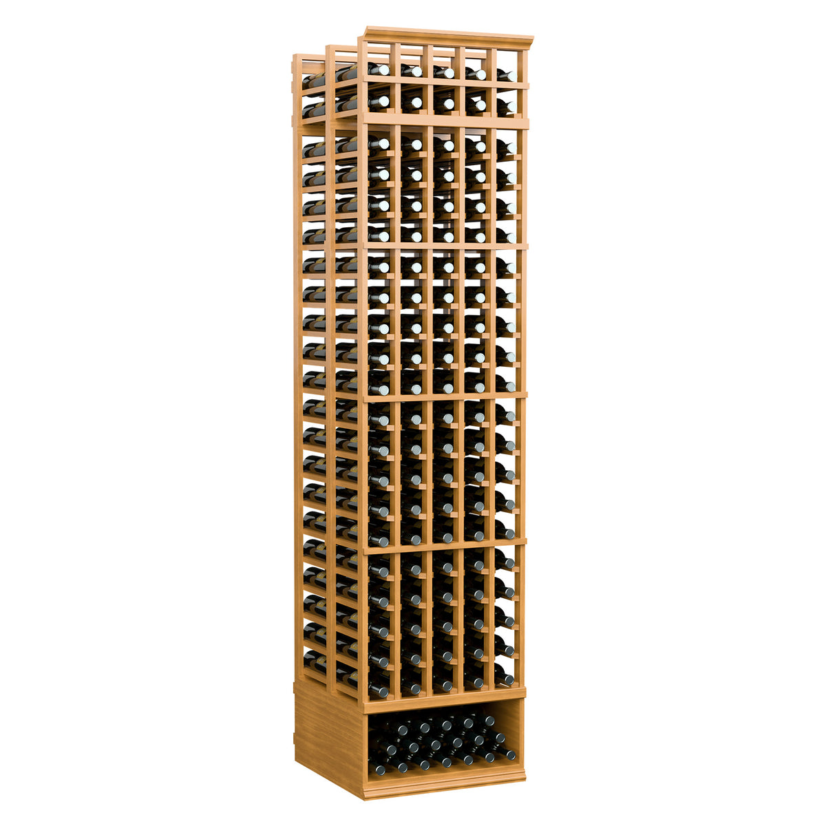 8ft 5-column double-deep wine rack, warm light wood frame, front view of bottle holes