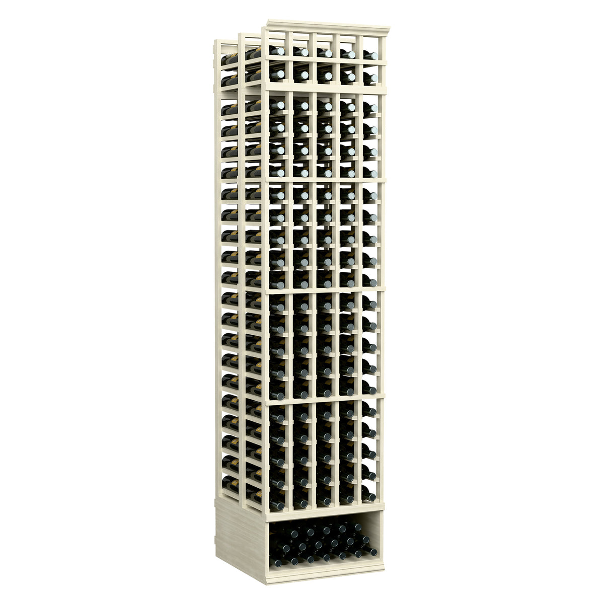 8ft 5-column double-deep wine rack, whitewashed wood frame with wine bottle openings