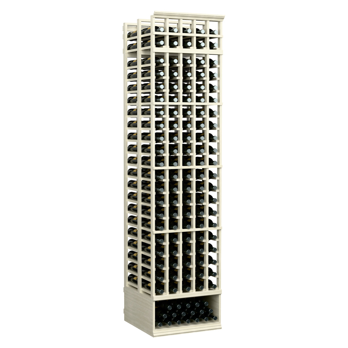 8ft 5-column double-deep wine rack, whitewashed wood frame with stacked bottle rows