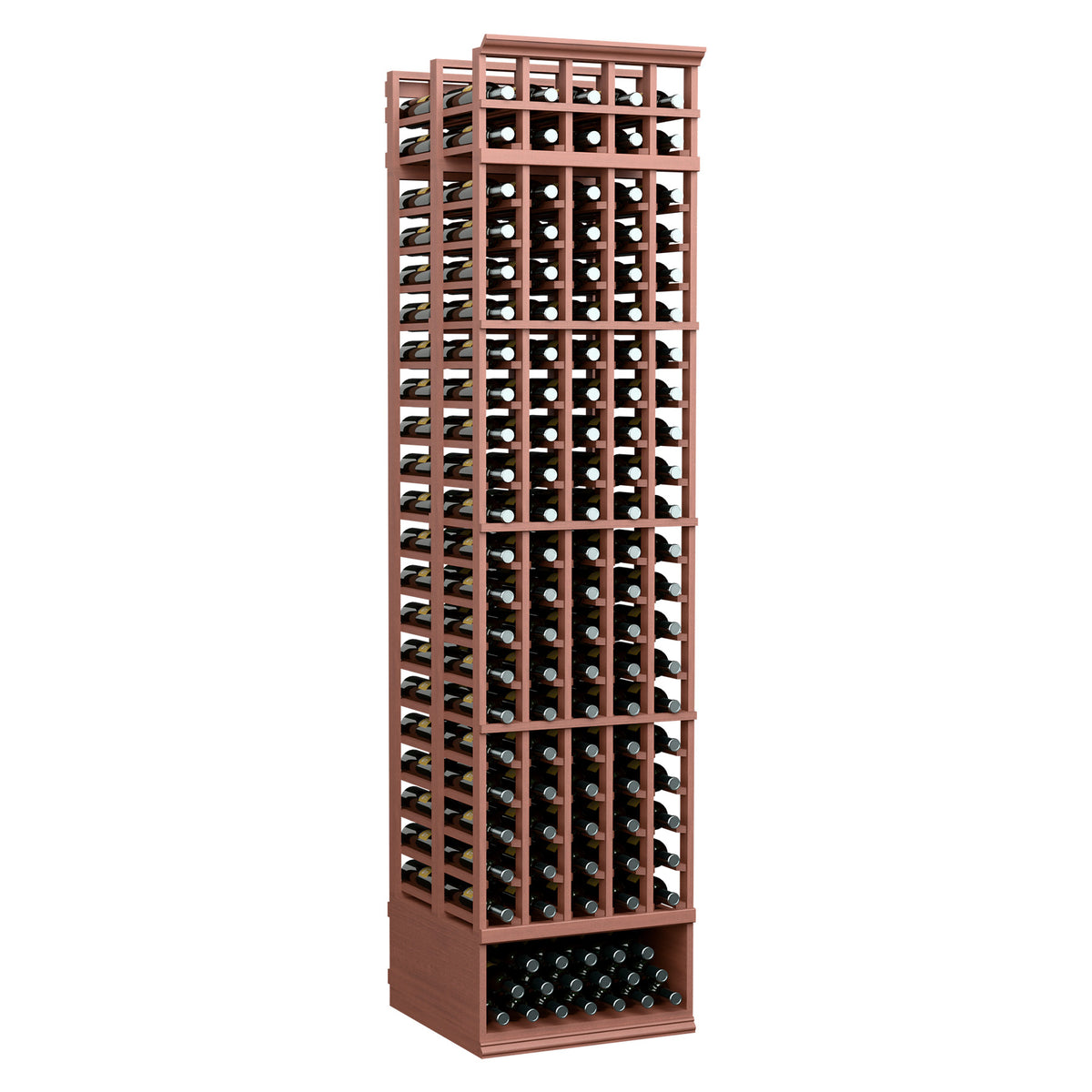 Brown 5-column double-deep wine rack with square bottle slots and top row of cubbies