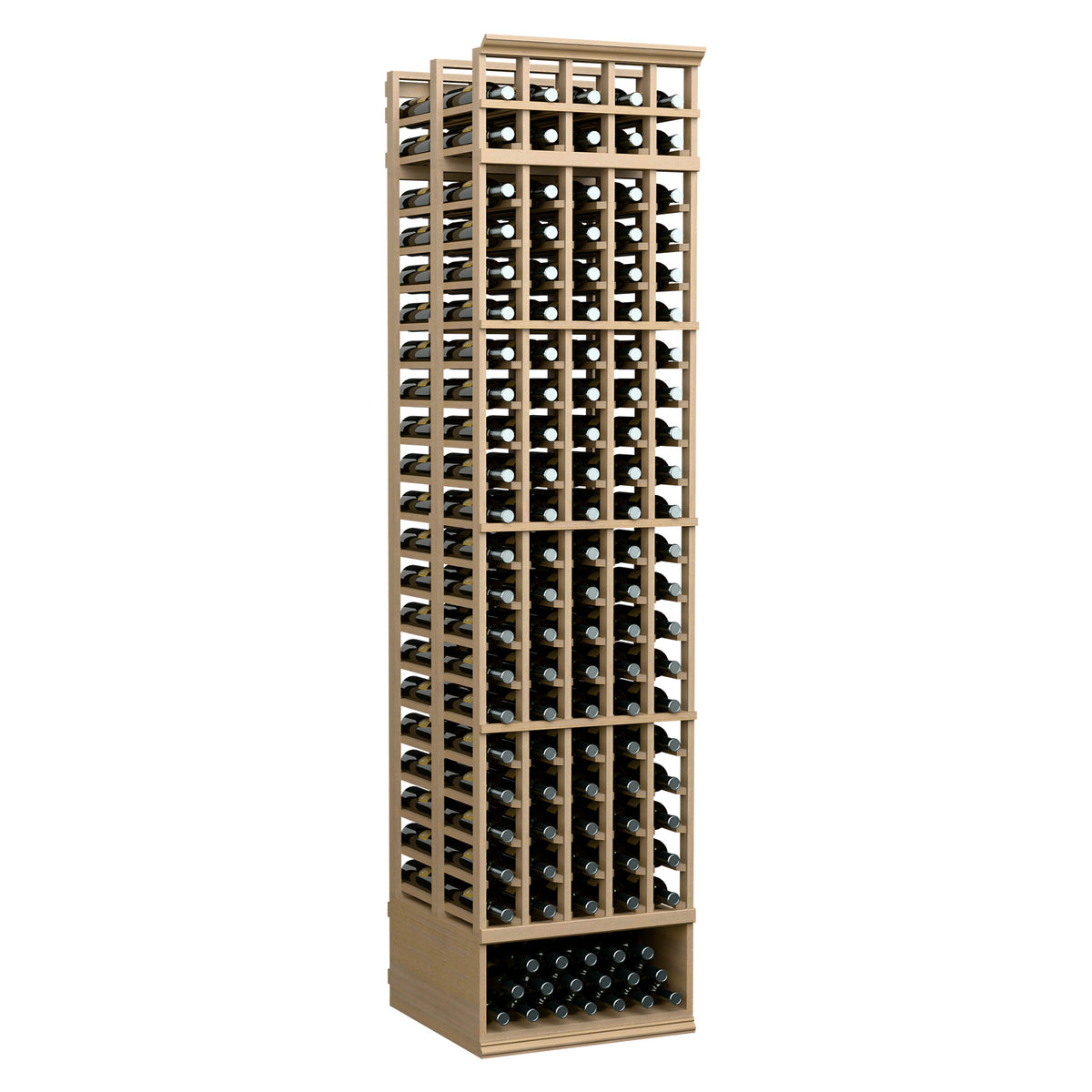 Light beige 5-column double-deep wine rack with square bottle slots and metal grid sides