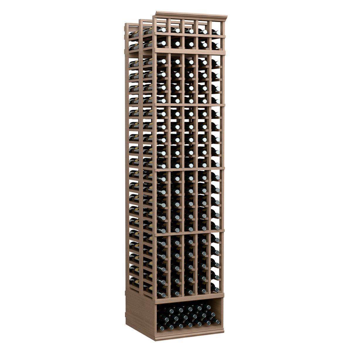 Light beige 5-column double-deep wine rack with open cubbies and bottle row grid