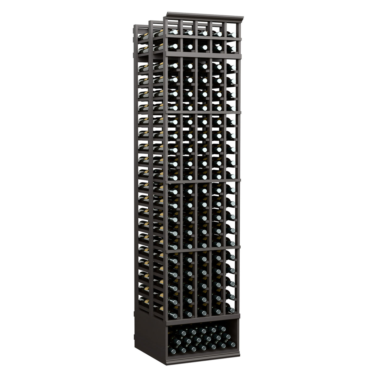 Black 5-column double-deep wine rack with grid slots and front bottle row at base
