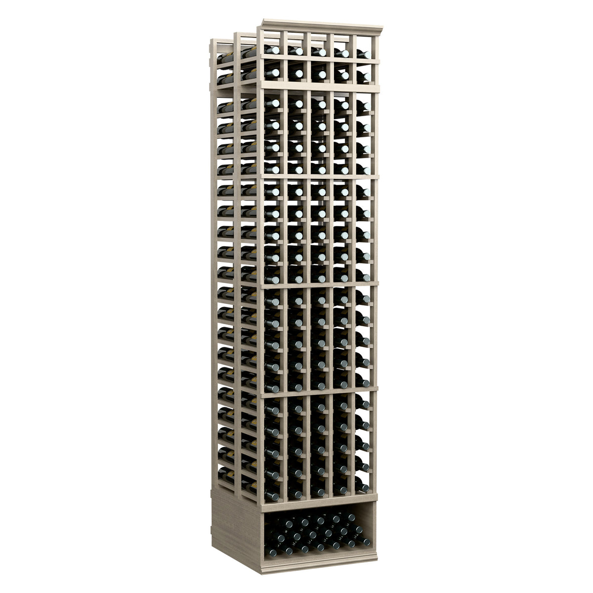 Gray 5-column double-deep wine rack with vertical lattice, 8ft tall