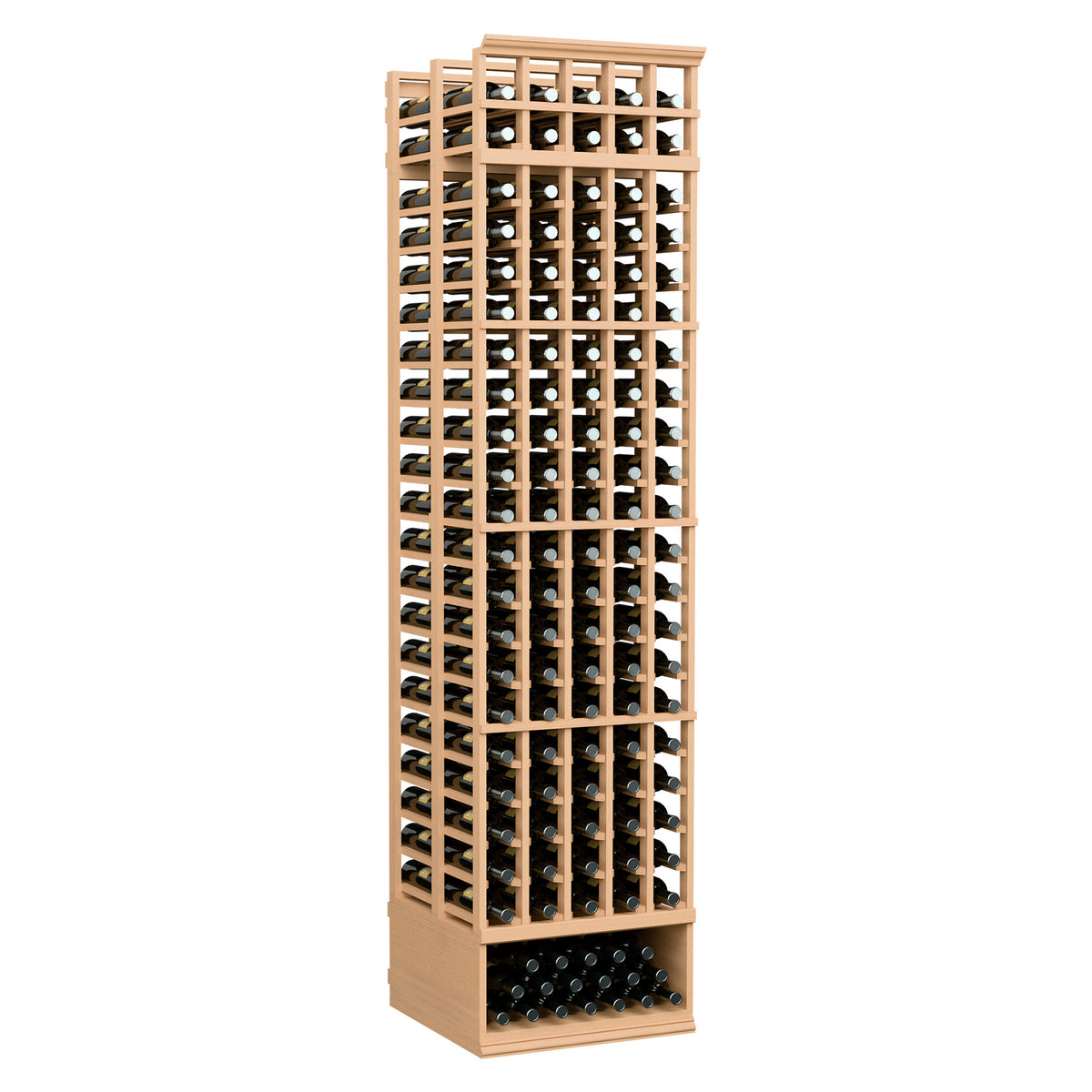 Light wood 5-column double-deep wine bottle rack, 8ft tall, holds bottles in grid