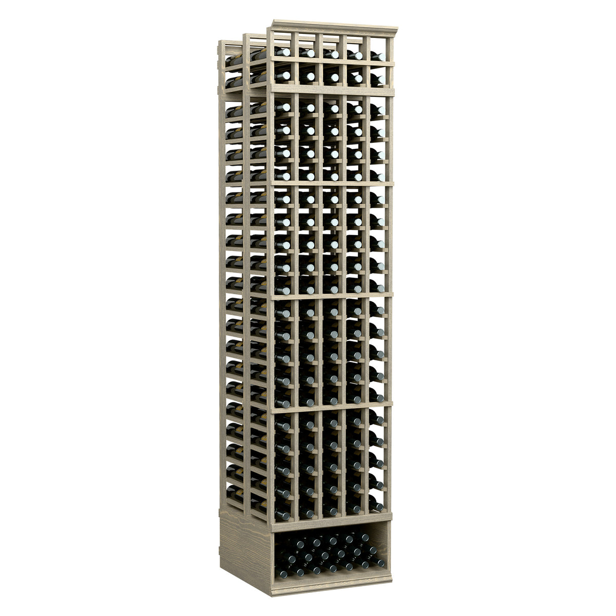 Wood wine rack with 5 columns and double-deep bottle slots, whitewashed finish