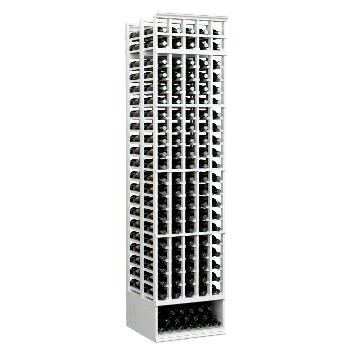 Wood wine rack with 5 columns and double-deep bottle slots, whitewashed finish