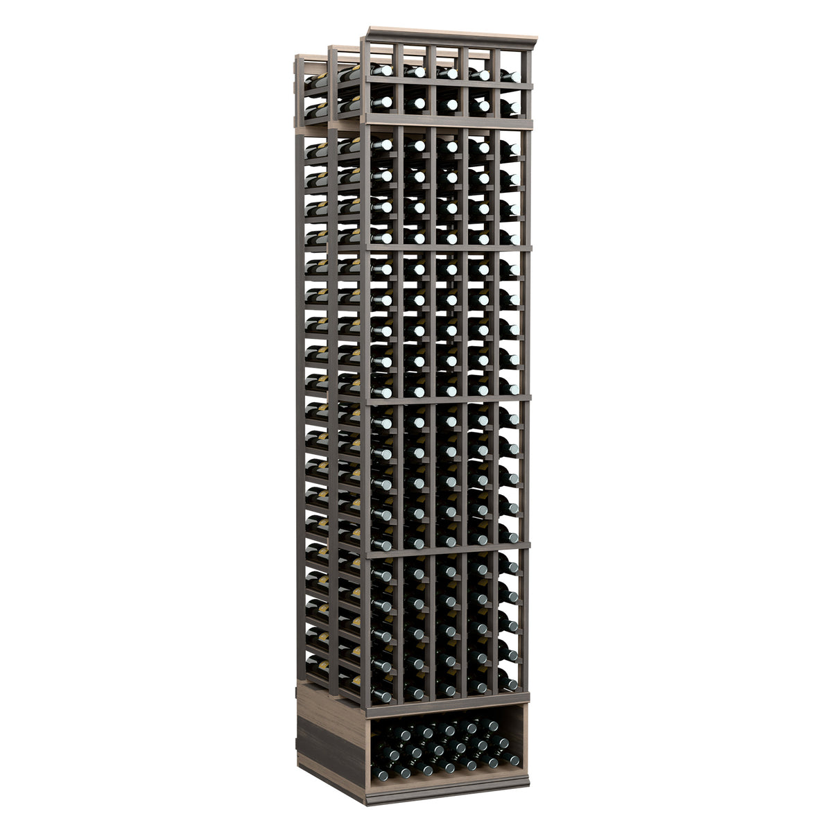 Dark gray wine rack with open front grid bottle slots and top header