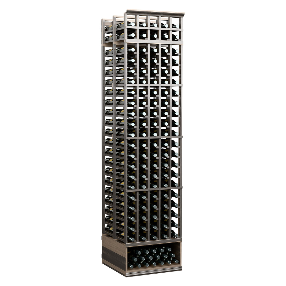 Dark gray wine rack with front rows of bottle compartments and sturdy frame