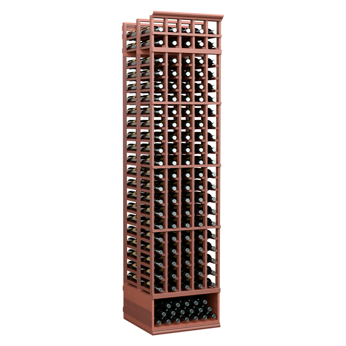 Red-brown wine rack with open front grid bottle slots and top header