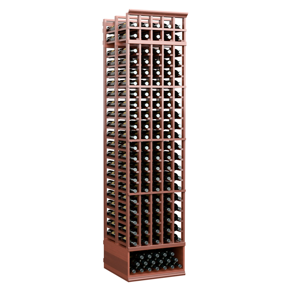Rust-brown wine rack with front bottle rows, open grid, and base tray