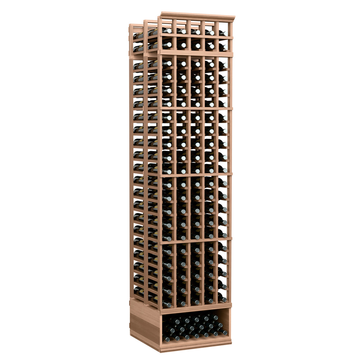 Light wood wine rack with open front grid bottle slots and top header