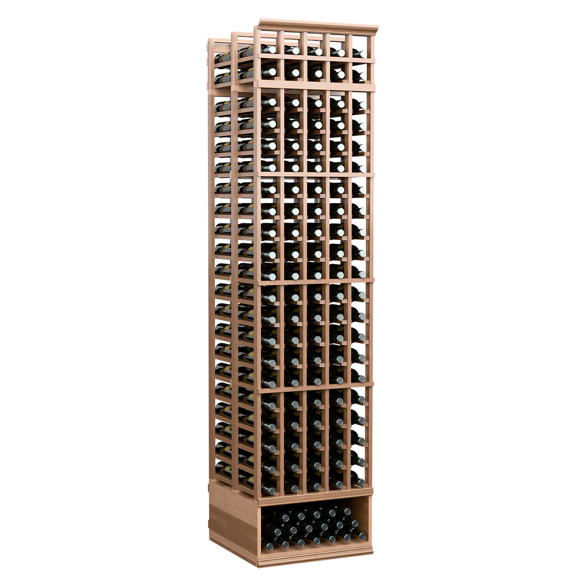 Natural wood wine rack with front bottle compartments and visible base tray