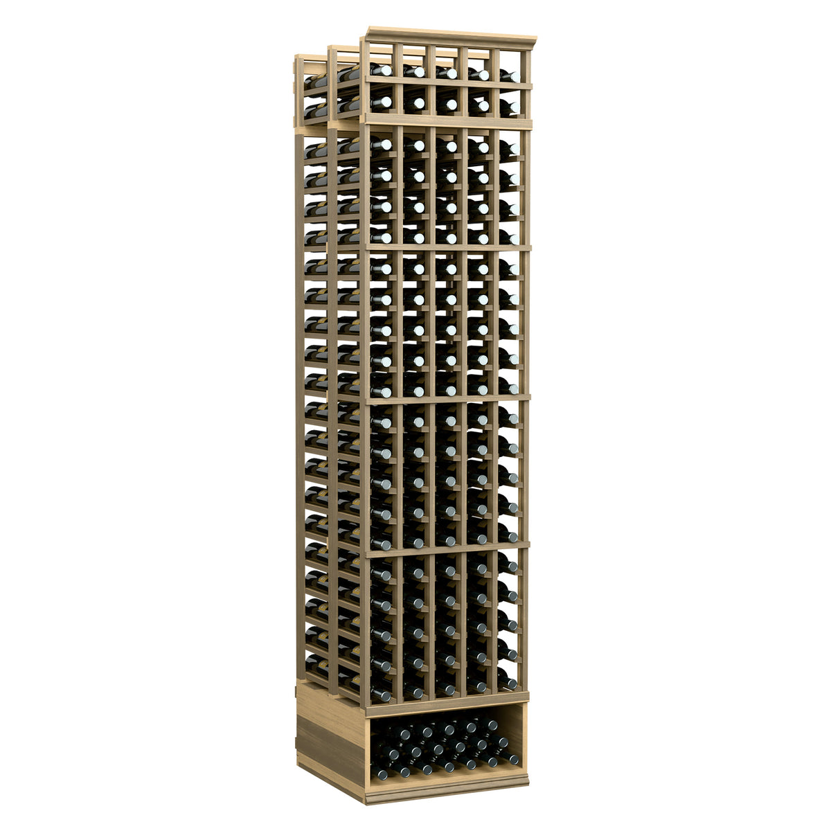 Pale wood wine rack with open grid bottle slots and top row of holders