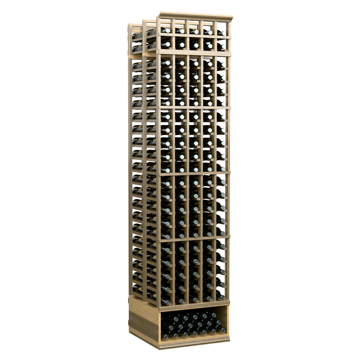 Light wood wine rack with open front bottle rows and sturdy grid frame
