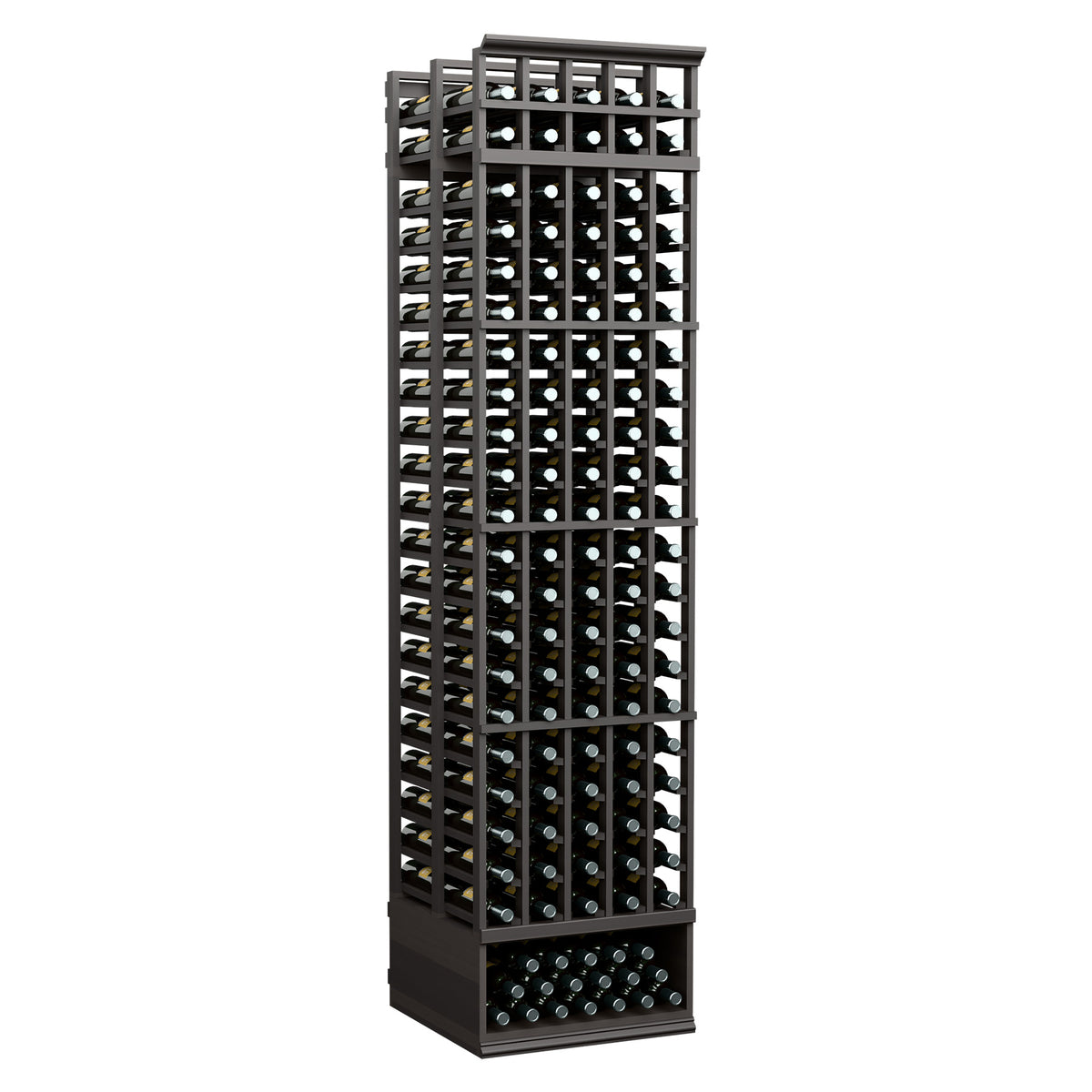 Black wine rack with open front grid bottle slots and top header