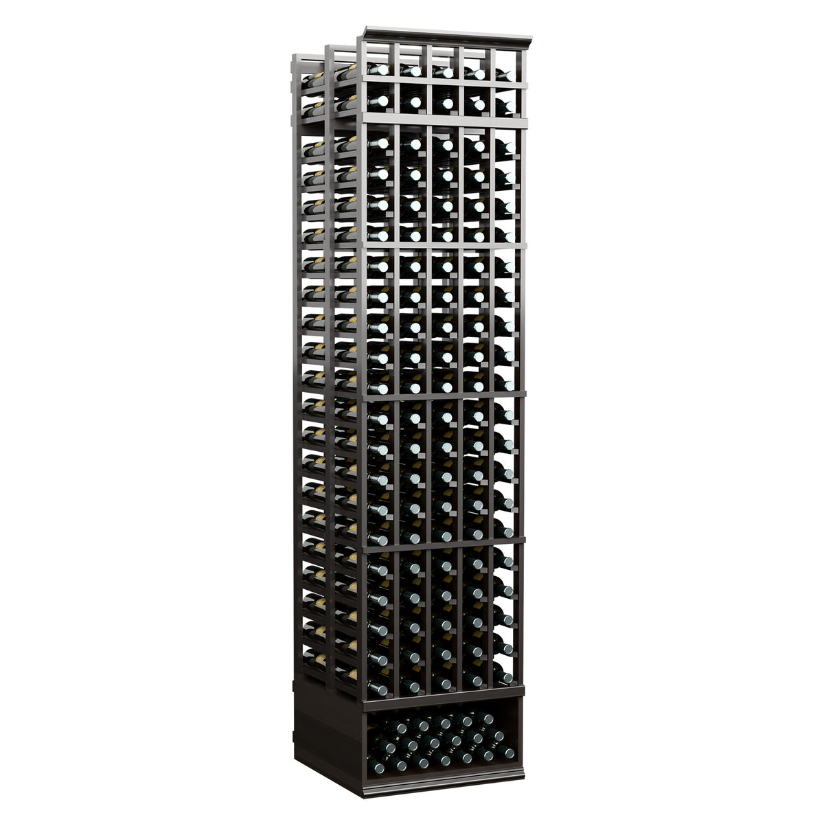 Black wine rack with front rows of bottle compartments and bottom tray