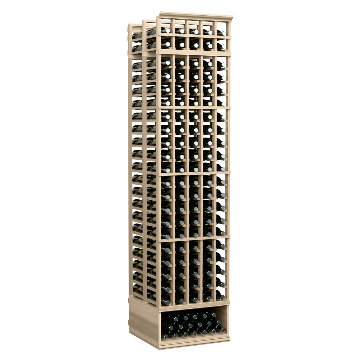 Wood wine bottle rack, double-deep 5-column grid with empty bottle slots