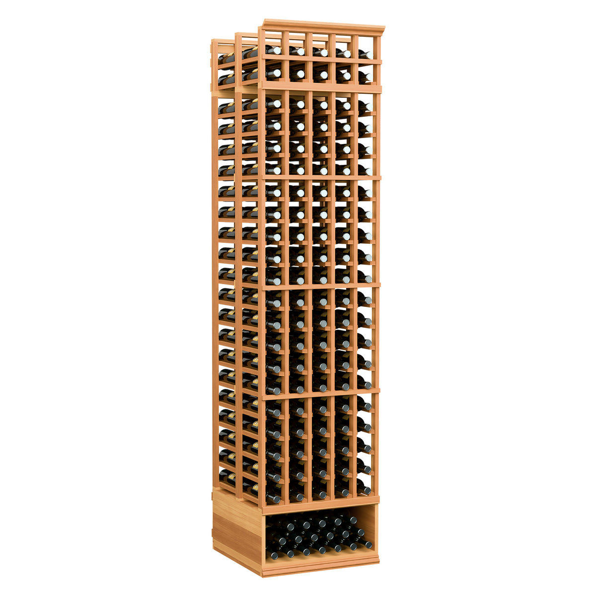 Warm wood wine bottle rack with double-deep 5-column grid and bottle slots
