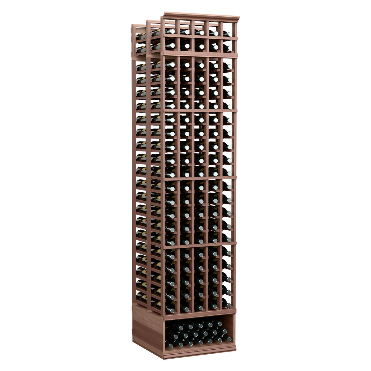 Dark wood wine bottle rack with double-deep 5-column grid and bottle slots
